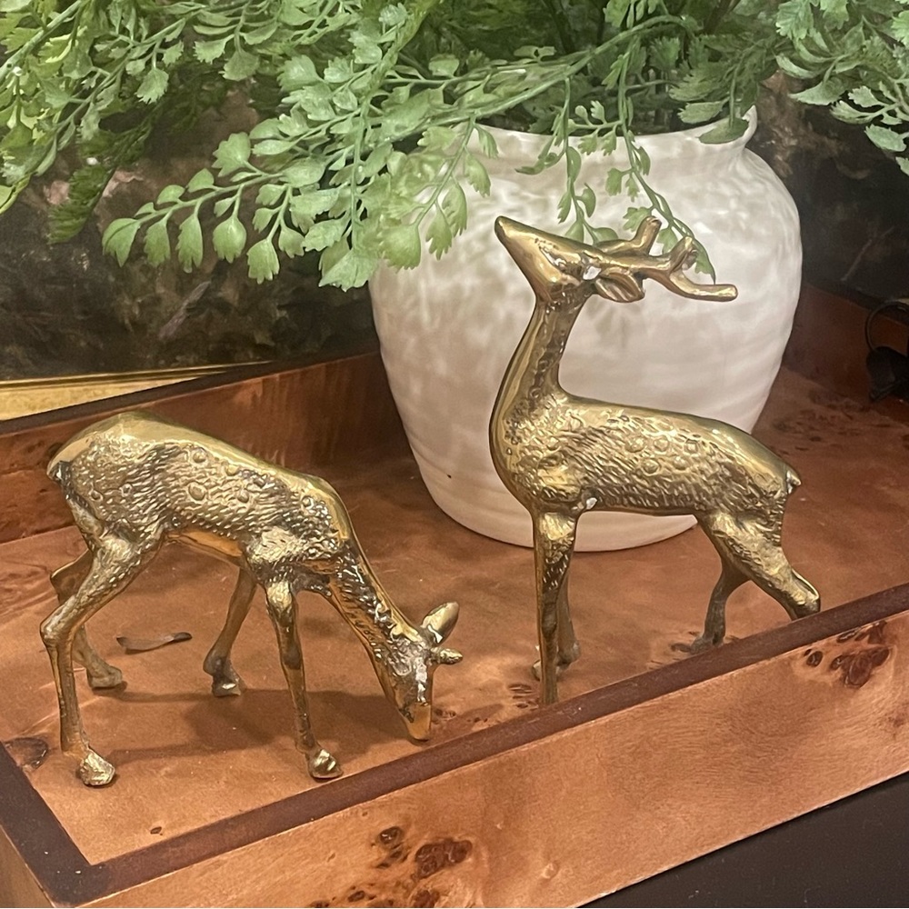 Vintage Spotted Brass Deer Reindeer Figurines Set of 2 Holiday Christmas Decor